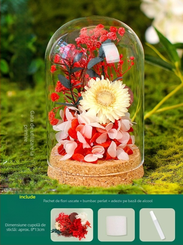 Set DIY pentru decor cu cupolă de sticlă și flori veșnice — flori uscate, cadou de Ziua Mamei