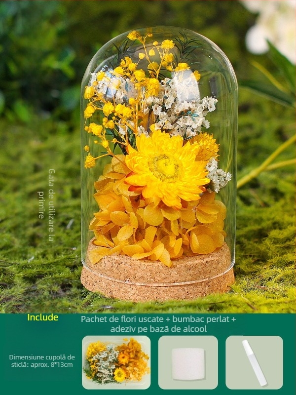 Set DIY pentru decor cu cupolă de sticlă și flori veșnice — flori uscate, cadou de Ziua Mamei