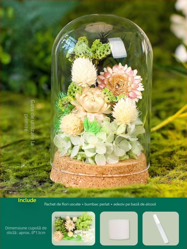 Set DIY pentru decor cu cupolă de sticlă și flori veșnice — flori uscate, cadou de Ziua Mamei