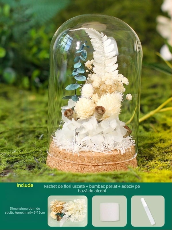 Set DIY pentru decor cu cupolă de sticlă și flori veșnice — flori uscate, cadou de Ziua Mamei