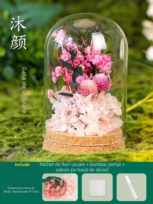 Set DIY pentru decor cu cupolă de sticlă și flori veșnice — flori uscate, cadou de Ziua Mamei