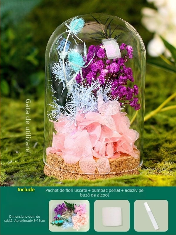 Set DIY pentru decor cu cupolă de sticlă și flori veșnice — flori uscate, cadou de Ziua Mamei