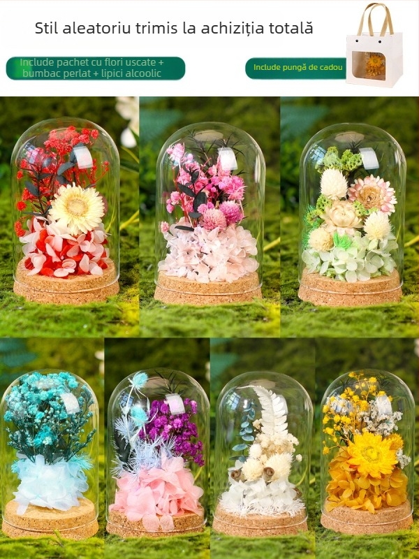 Set DIY pentru decor cu cupolă de sticlă și flori veșnice — flori uscate, cadou de Ziua Mamei