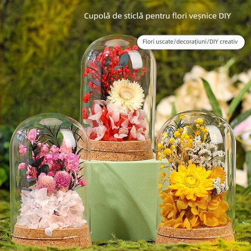 Set DIY pentru decor cu cupolă de sticlă și flori veșnice — flori uscate, cadou de Ziua Mamei