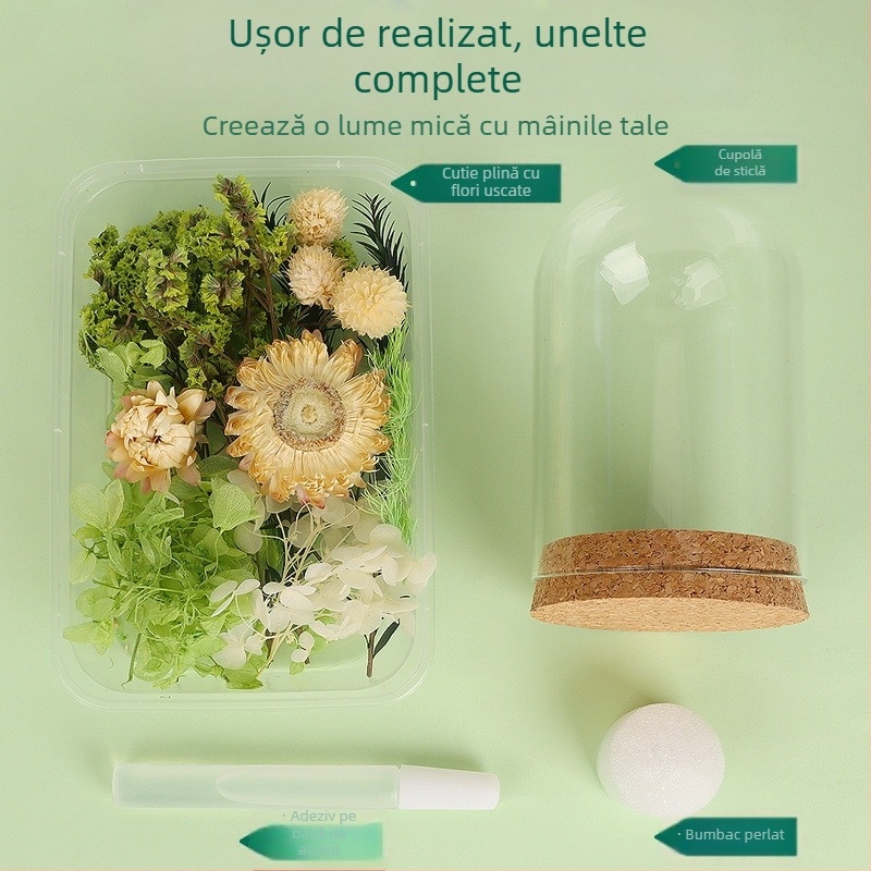 Set DIY pentru decor cu cupolă de sticlă și flori veșnice — flori uscate, cadou de Ziua Mamei
