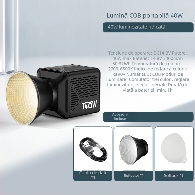 Beidi T40 Lumină COB pentru fotografie, 40W, temperatură de culoare reglabilă 2700K–6500K, pentru transmisiuni live profesionale și video portret