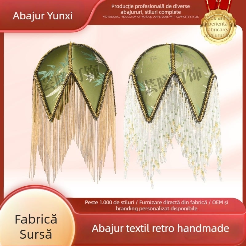Abajur vintage din pânză cu ciucuri – lucrat manual, inspirație franțuzească, decor de lux pentru birou
