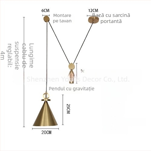 Candelabru postmodern în formă de pâlnie, cu mecanism de ridicare, pentru sufragerie, dormitor sau birou - LED, ramă din fier