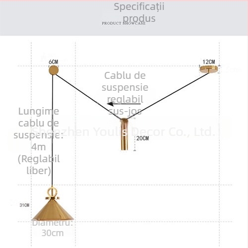 Candelabru postmodern în formă de pâlnie, cu mecanism de ridicare, pentru sufragerie, dormitor sau birou - LED, ramă din fier
