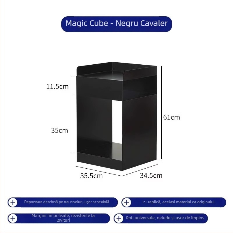 Noptieră în stil nordic, cu spațiu de depozitare, pe roți, cadru metalic, blat din oțel, 3 sertare