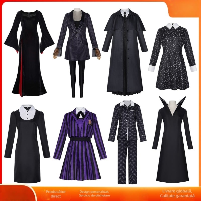 Costum cosplay Wednesday cu fustă lungă și guler înalt, pentru Halloween și interpretare 2D pe scenă