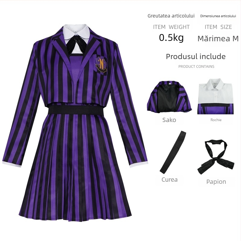 Costum cosplay Wednesday cu fustă lungă și guler înalt, pentru Halloween și interpretare 2D pe scenă