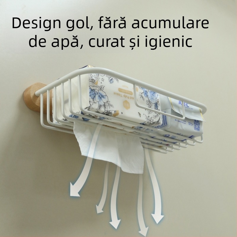 Organizator de baie din lemn de fag, montat pe perete, cu suport pentru hârtie igienică, cutie pentru șervețele și coș de hârtie, fără găuri