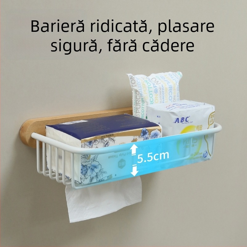 Organizator de baie din lemn de fag, montat pe perete, cu suport pentru hârtie igienică, cutie pentru șervețele și coș de hârtie, fără găuri