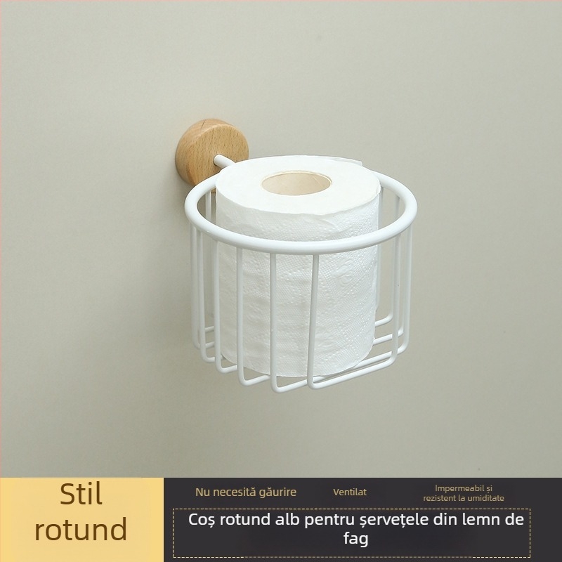 Organizator de baie din lemn de fag, montat pe perete, cu suport pentru hârtie igienică, cutie pentru șervețele și coș de hârtie, fără găuri