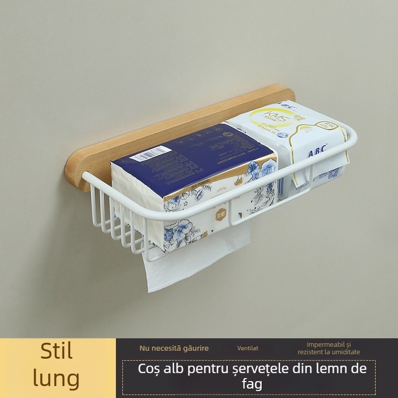 Organizator de baie din lemn de fag, montat pe perete, cu suport pentru hârtie igienică, cutie pentru șervețele și coș de hârtie, fără găuri
