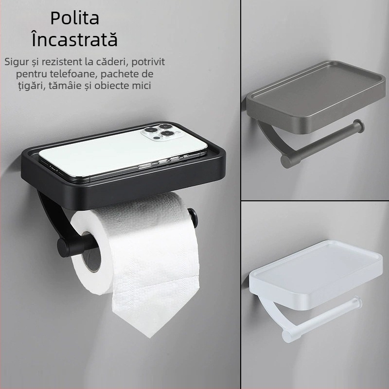 Suport pentru hârtie igienică din aluminiu, montaj fără găuri, cu două etaje, pentru baie