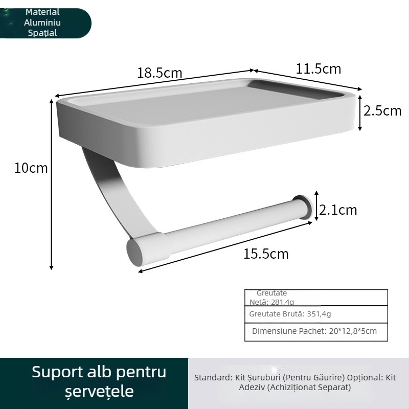 Suport pentru hârtie igienică din aluminiu, montaj fără găuri, cu două etaje, pentru baie