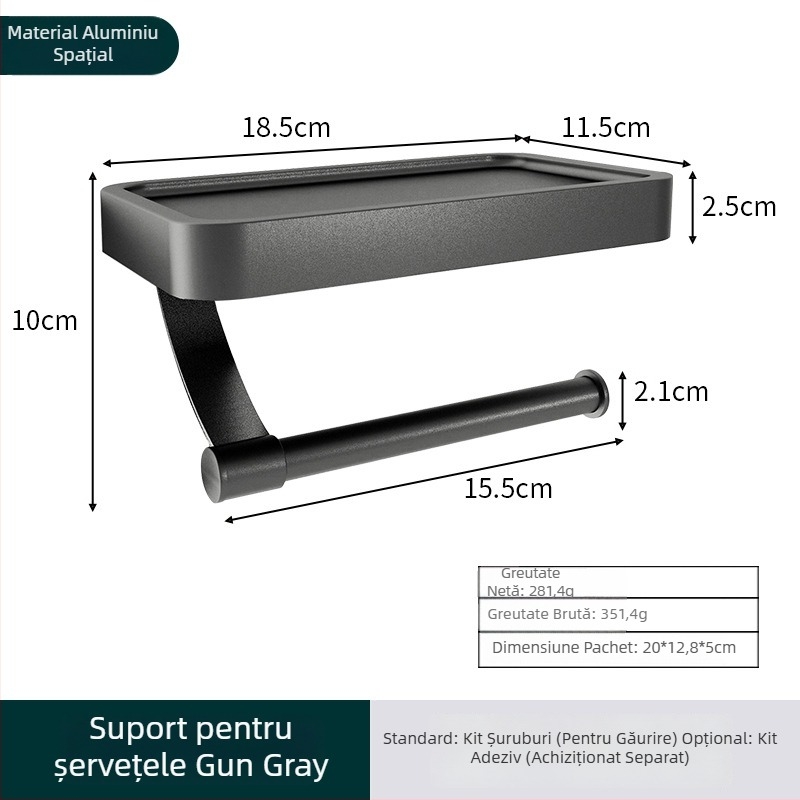 Suport pentru hârtie igienică din aluminiu, montaj fără găuri, cu două etaje, pentru baie
