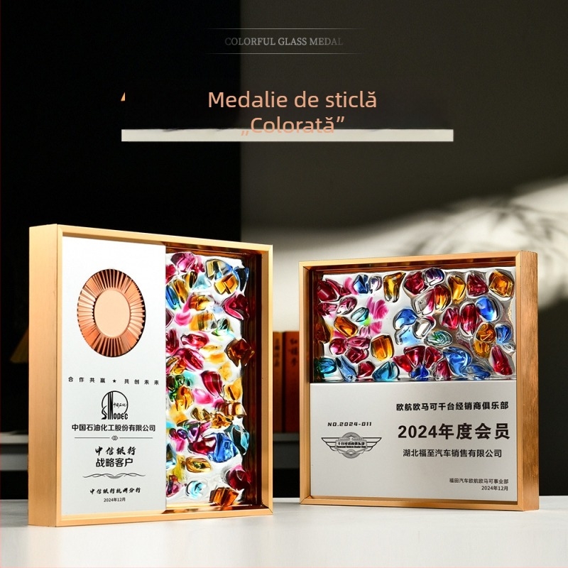 Plachetă de premiu metalică, personalizată, cu decor din sticlă pentru întâlniri anuale