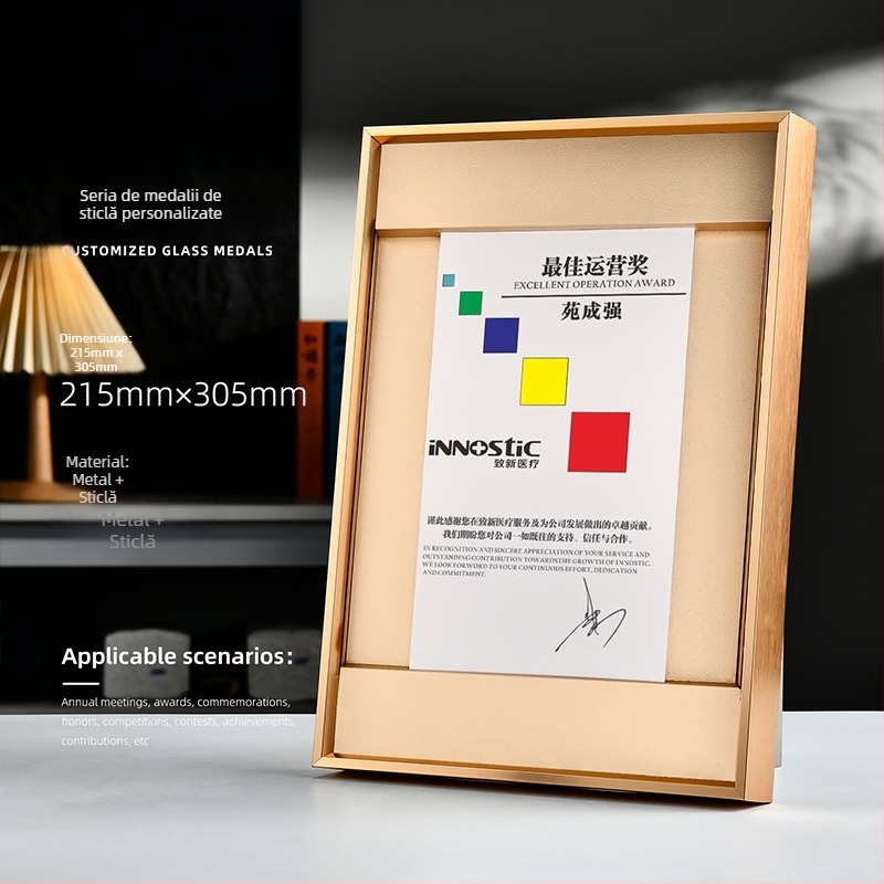 Plachetă de premiu metalică, personalizată, cu decor din sticlă pentru întâlniri anuale