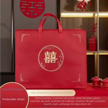 Sac de depozitare pentru cuverturi din material nețesut, cu motiv Dublă Fericire, capacitate mare, gentă de transport pentru textile de casă