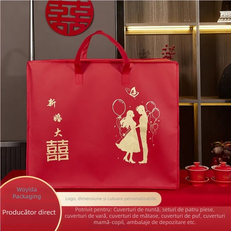 Sac de depozitare pentru cuverturi din material nețesut, cu motiv Dublă Fericire, capacitate mare, gentă de transport pentru textile de casă