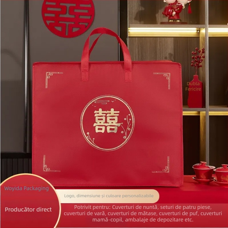 Sac de depozitare pentru cuverturi din material nețesut, cu motiv Dublă Fericire, capacitate mare, gentă de transport pentru textile de casă