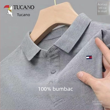 Polo pentru bărbați de toamnă, mânecă lungă, din amestec de bumbac, guler polo, croială lejeră, model geometric, logo brodat