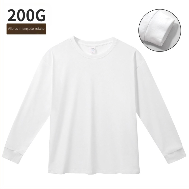 200g Tricou cu mâneci lungi pentru bărbați și femei, manșete cu nervuri, croială lejeră, din bumbac 100%, guler rotund, strat de bază pentru primăvară, toamnă și iarnă