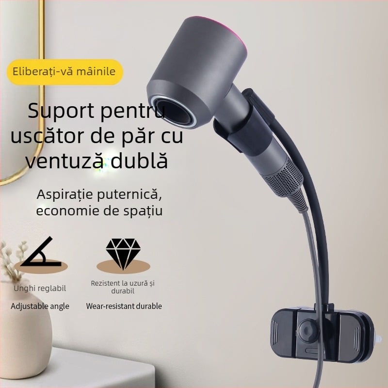 Suport pentru uscător de păr, montat pe perete, fără găuri, cu ventuză puternică