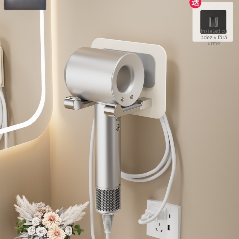 Suport de uscător de păr montat pe perete, fără găuri, din aliaj de aluminiu, stil minimalist modern