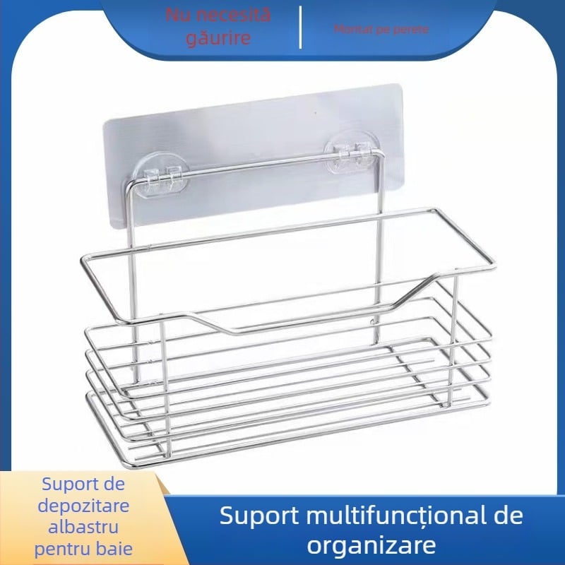Raft din oțel inoxidabil, montat pe perete, 1 etaj, fără găuri, pentru baie și bucătărie, raft de drenaj, albastru