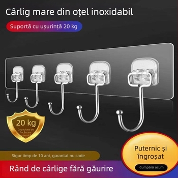 Cuier din oțel inoxidabil negru, elegant, cu adeziv pe perete, fără găuri, capacitate mare pentru bucătărie și cămin
