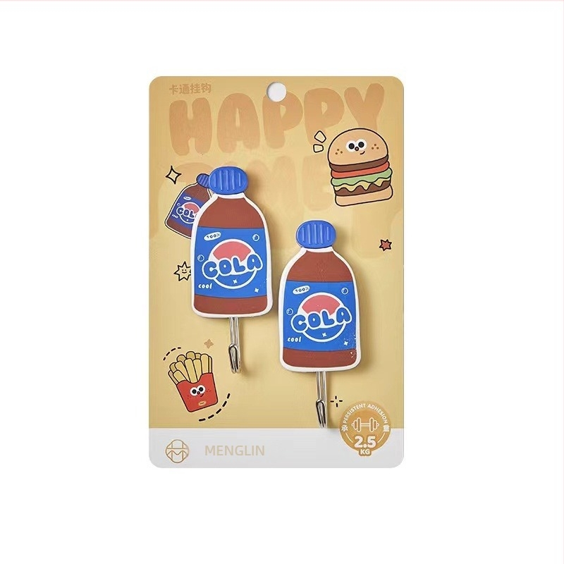 Cârlig autoadeziv drăguț cu design Coca‑Cola, cartofi prăjiți și hamburger; adeziv puternic, montare pe perete, fără găuri