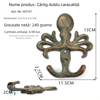 Cuier de perete din fontă, în stil marin, cu caracatiță, țestoasă și pește-spadă – cârlig dublu, design drăguț