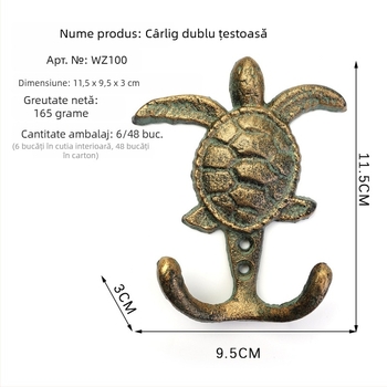 Cuier de perete din fontă, în stil marin, cu caracatiță, țestoasă și pește-spadă – cârlig dublu, design drăguț