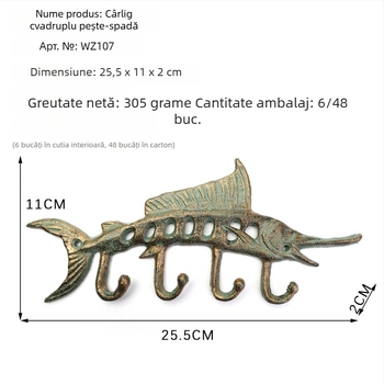 Cuier de perete din fontă, în stil marin, cu caracatiță, țestoasă și pește-spadă – cârlig dublu, design drăguț