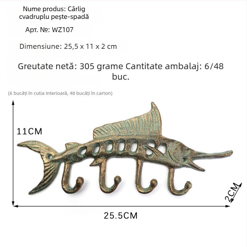 Cuier de perete din fontă, în stil marin, cu caracatiță, țestoasă și pește-spadă – cârlig dublu, design drăguț