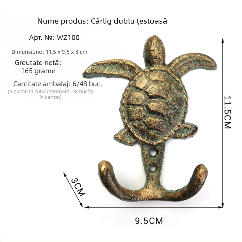 Cuier de perete din fontă, în stil marin, cu caracatiță, țestoasă și pește-spadă – cârlig dublu, design drăguț