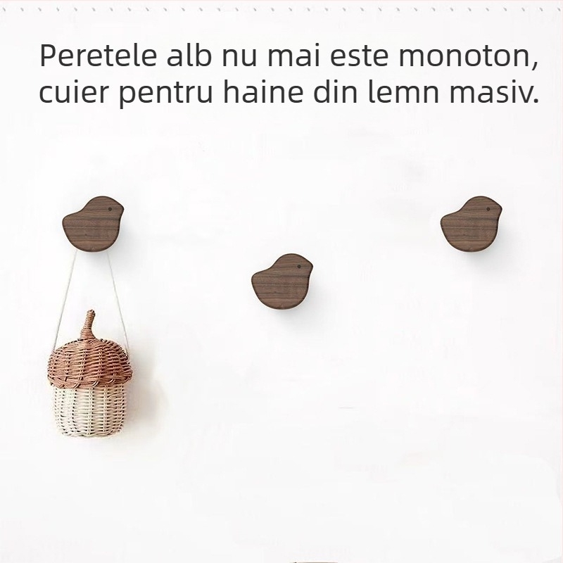 Cuier de pere­te pentru intrare, montaj cu adeziv, fără găuri, suport pentru paltoane și pălării, design drăguț din lemn