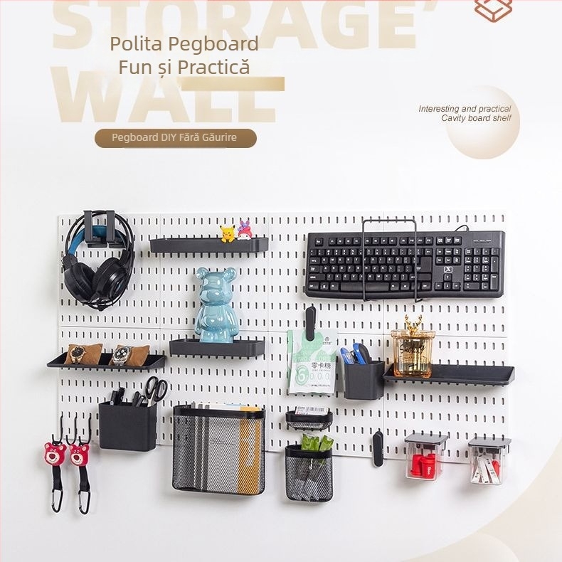 Placă perforată pentru perete – raft de depozitare și expunere, montaj fără găuri, pentru încăperea de gaming, cârlige și accesorii, placă de agățat, DIY