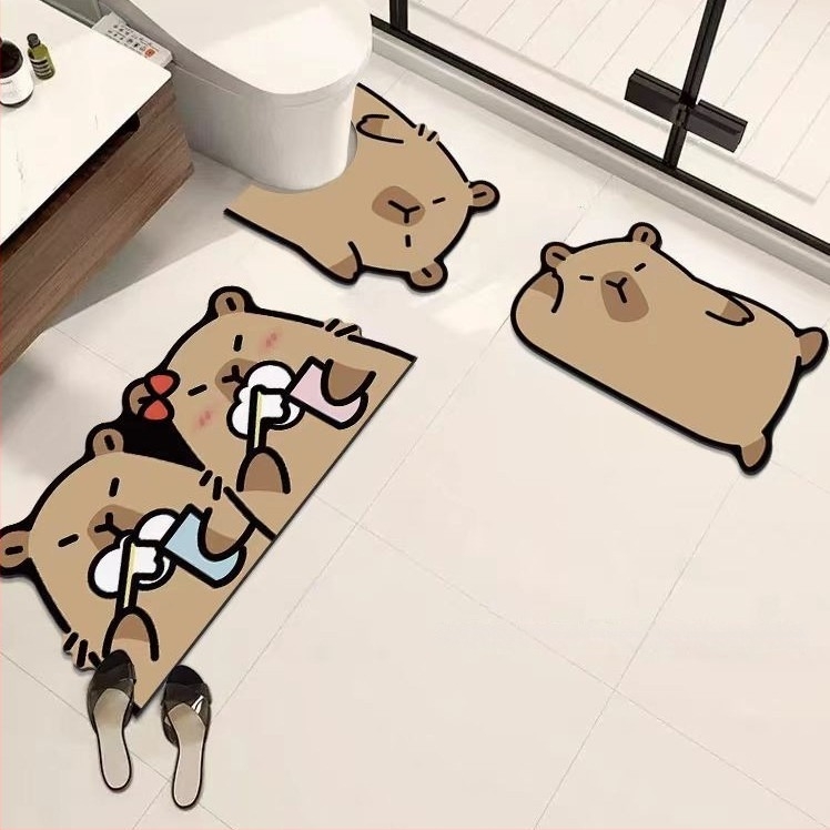 Capibara desenat în stil cartoon: capac de toaletă, covoraș de baie și covoraș de intrare, anti-alunecare, uscare rapidă