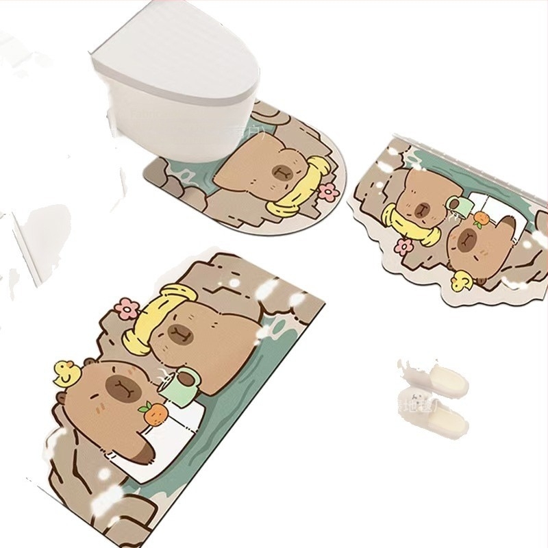 Capibara desenat în stil cartoon: capac de toaletă, covoraș de baie și covoraș de intrare, anti-alunecare, uscare rapidă