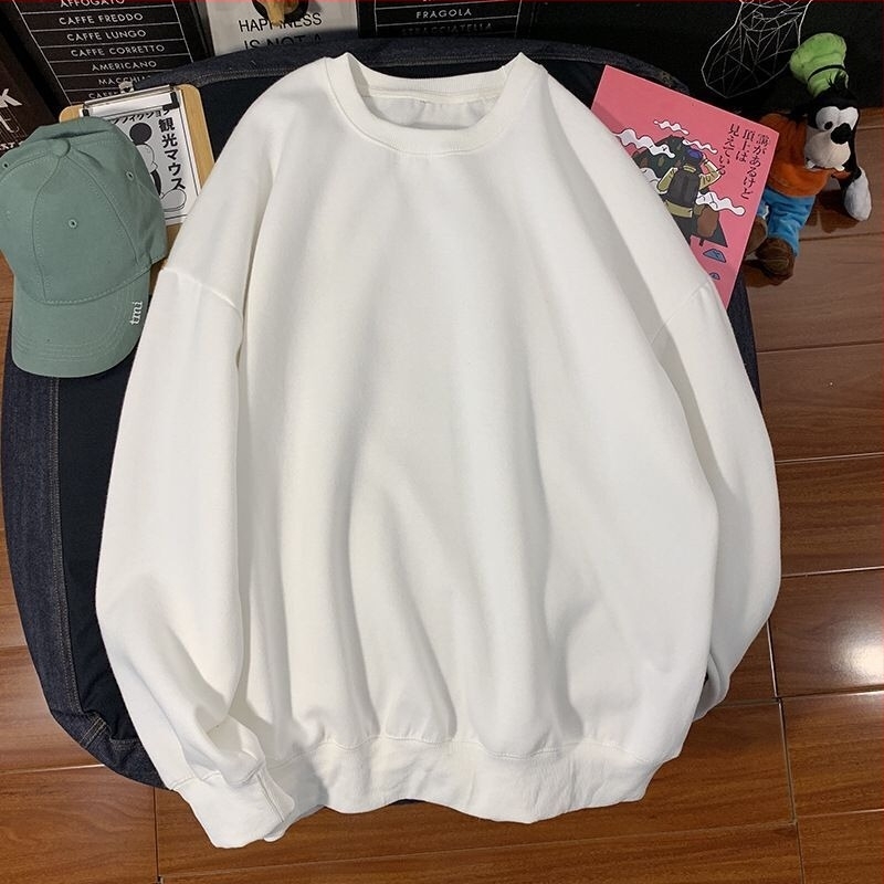 Pulover alb pentru bărbați, guler rotund, croială lejeră, mâneci lungi, potrivit primăvară și toamnă, ținută casual zilnică