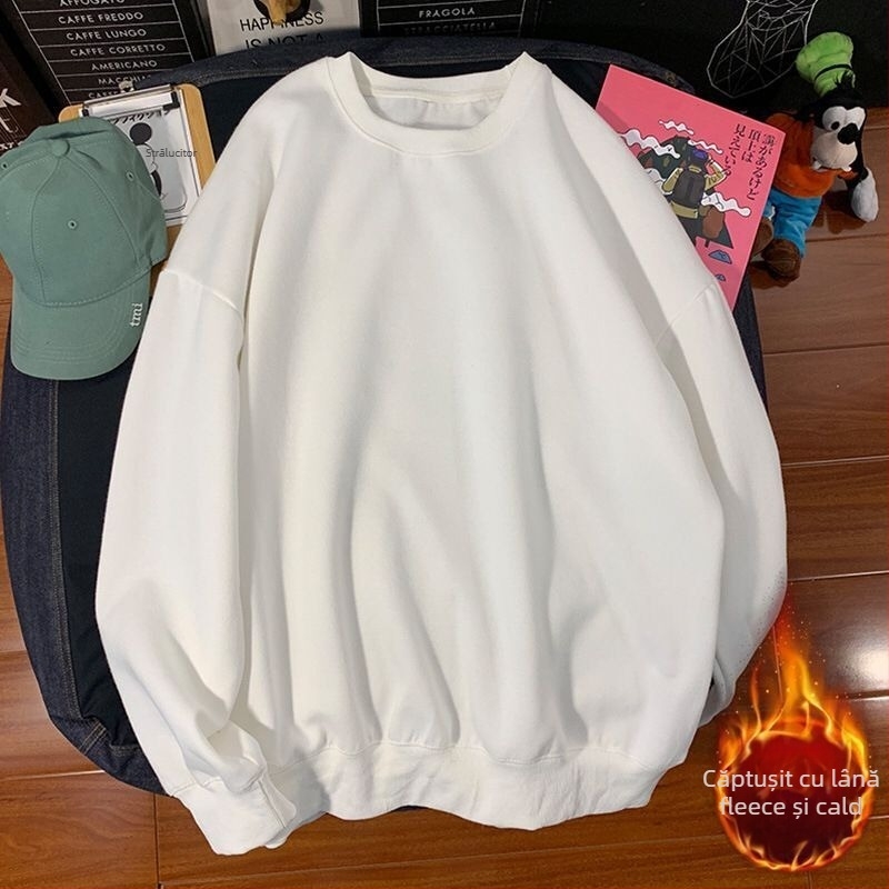 Pulover alb pentru bărbați, guler rotund, croială lejeră, mâneci lungi, potrivit primăvară și toamnă, ținută casual zilnică