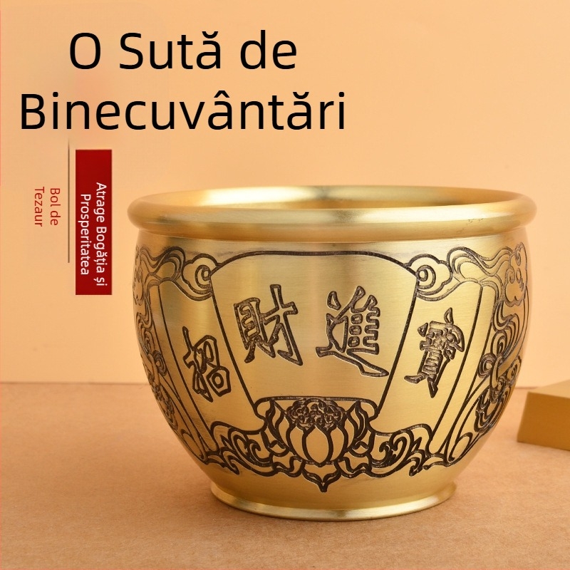 Borcan de orez din alamă, gravat cu o broască de aur, bazin de comoară, decor de birou pentru masă, scrumieră, atrage bogăția.