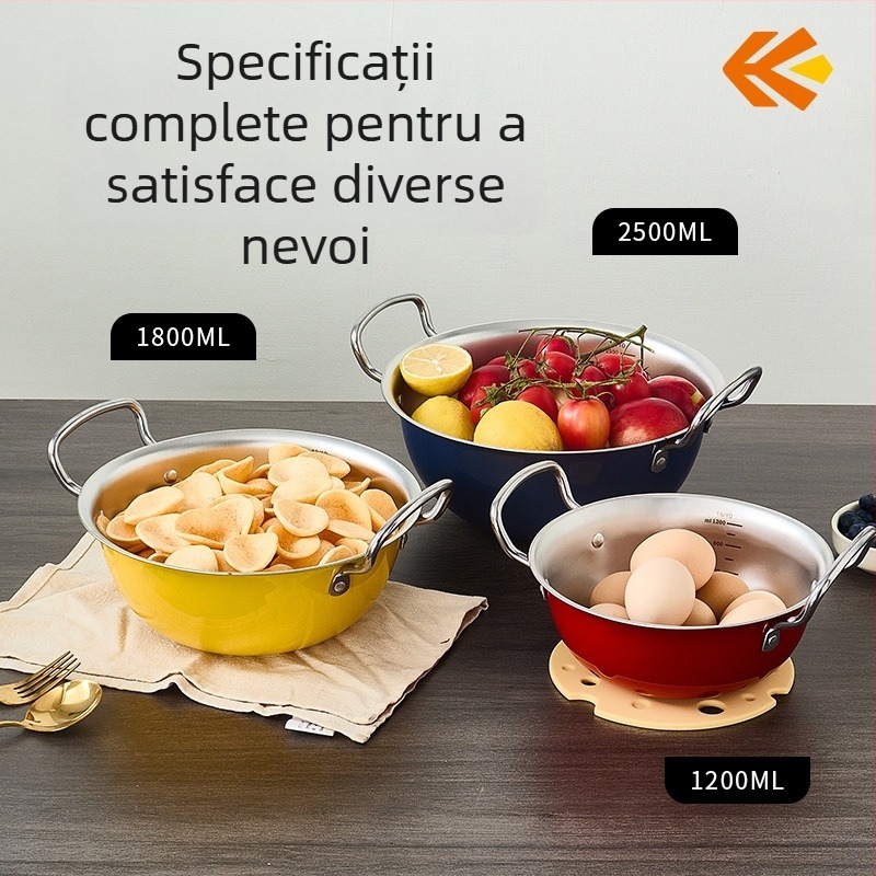 Vas de bucătărie din oțel inoxidabil, stil coreean, cu două mâneri, pentru salate și fructe, potrivit pentru gătit și bătut ouă acasă.