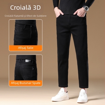 Pantaloni negri de bărbați, denim, croială dreaptă, 9/10 lungime, toamnă-iarnă
