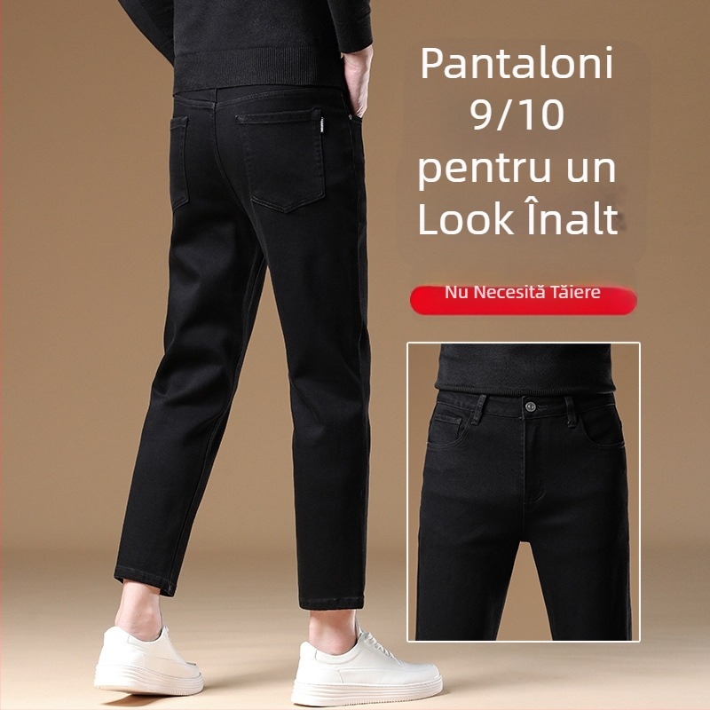 Pantaloni negri de bărbați, denim, croială dreaptă, 9/10 lungime, toamnă-iarnă